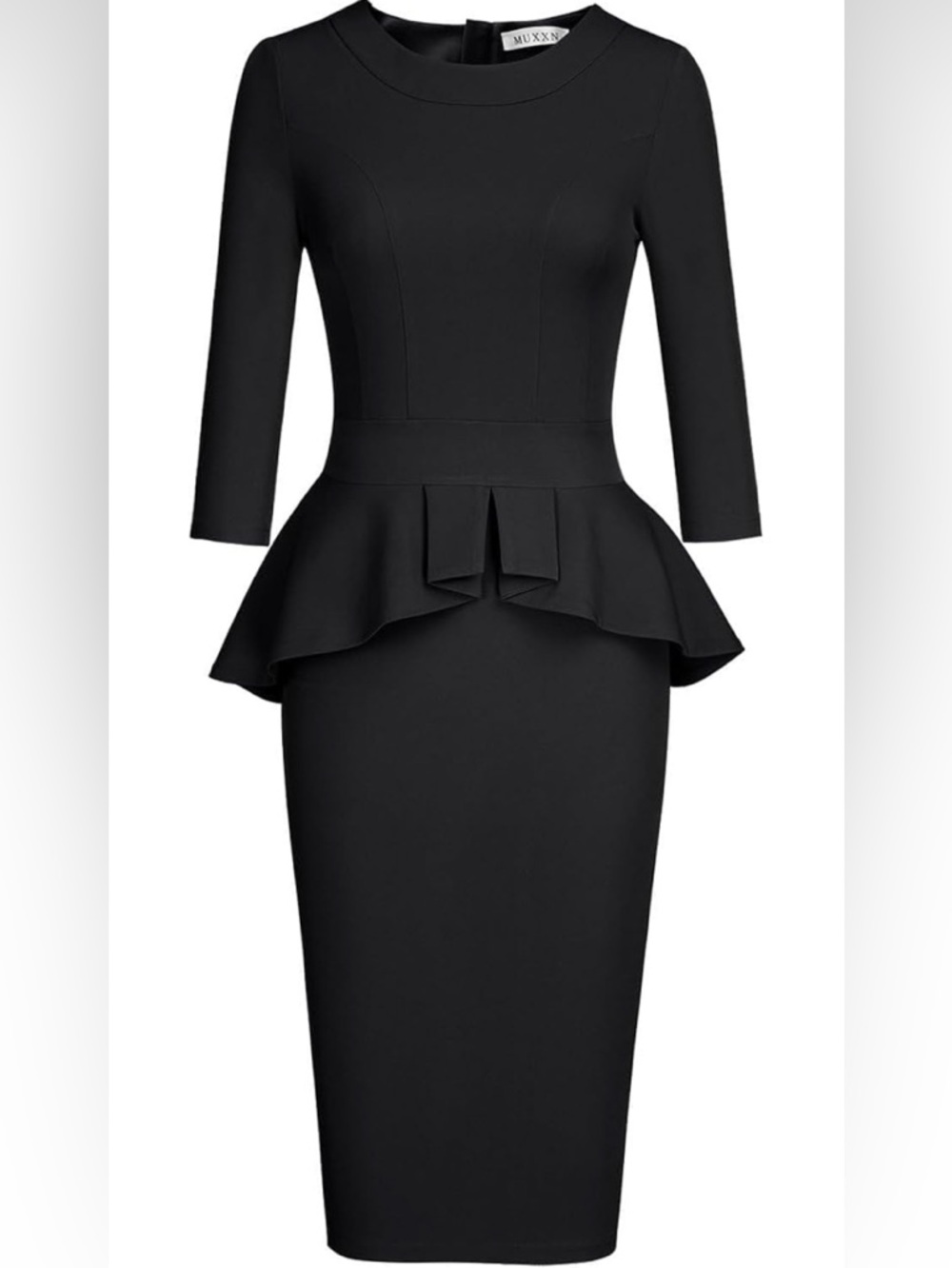 Black Peplum knee length Dress with Three-Quarter Sleeves